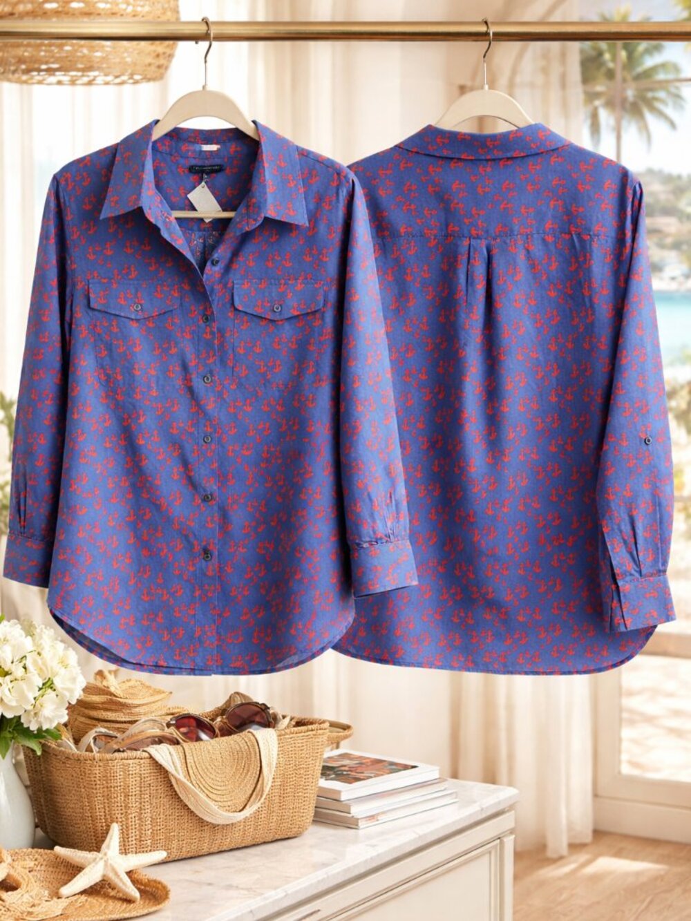 Tommy Hilfiger Dark Teal Anchor Print Tunic Shirt NWOT | High Low Hem | M - Picture 8 of 10
